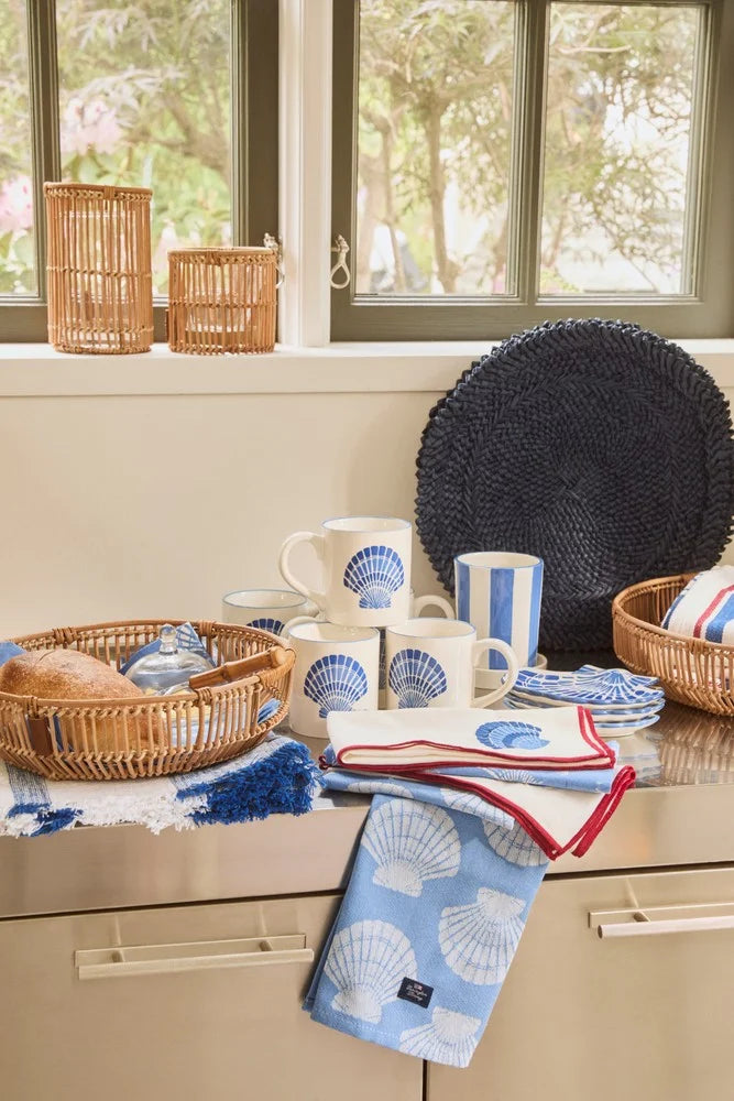 Shell jacquard kjøkkenhåndkle i bomull -blå/hvit