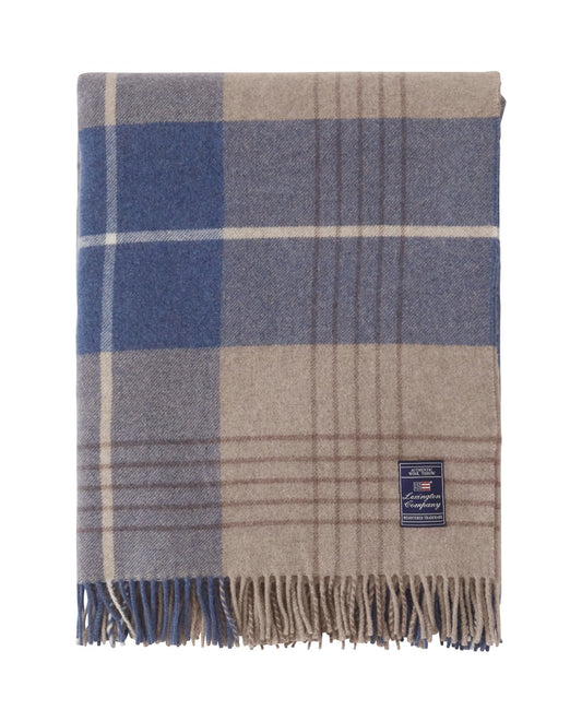 Rutete Lexington Pledd i Resirkulert Ull - Denim blå/beige