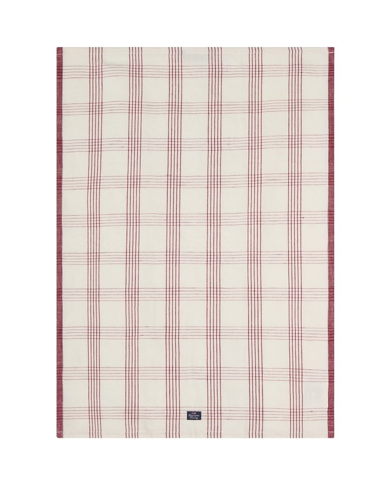 Rutete kjøkkenhåndkle i lin/bomull - Hvit/rød
